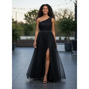 Mori Lee Gown Women 14 Black One Shoulder Beaded Tulle Slit Formal Ballgown Prom